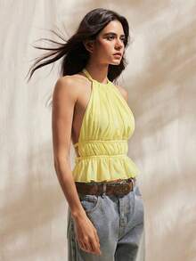 Easelle Women's Cream Yellow Ruched Halter Tie Back Camisole, Spring/Summer - Light Yellow - View 3