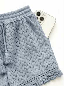 Roelina Women's Spring/Summer Elegant Boho Vacation Knit Hollow Jacquard Patchwork Tassel Trim Pocket Casual Loose Shorts Beach Blue - Dusty Blue - View 3
