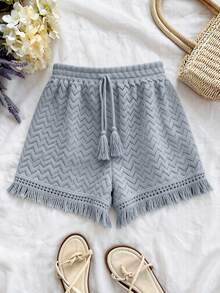 Roelina Women's Spring/Summer Elegant Boho Vacation Knit Hollow Jacquard Patchwork Tassel Trim Pocket Casual Loose Shorts Beach Blue - Dusty Blue - View 6