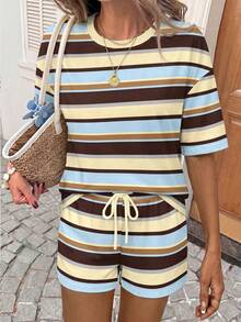 SHEIN LUNE 女款圓領落肩上衣與抽繩短褲休閒兩件套，女款夏季休閒套裝 - 彩色 - 查看 4