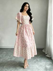 Turtle Leaf, Coconut Tree, Scattered Leaf And Small Flower Plant Silhouette, Square Neck Short Sleeve Dress With Ruffle Design At Hem, Summer Vacation Style - Multicolor 12 - View 5
