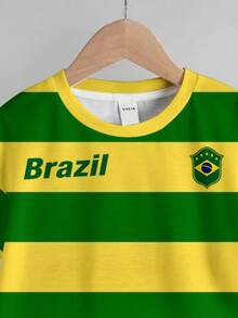 Young Boy Casual Minimalist T-Shirt Set, Classic Sports Style Striped Pattern Print, Brazil Color Striped Pattern Print, Brazil Flag Pattern Print, Brazil Text Pattern Print, Sports Football Brazil Pattern Print, Suitable For Spring/Summer, Suitable For Sports - Multicolor - View 3