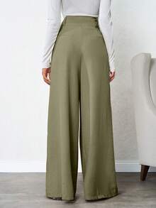 SHEIN Tall 100%纯棉高腰女士米色深褶亚麻长裤 - 軍綠色 - 查看 2