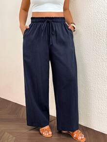 Lounesse Plus Size Women's Solid Color Drawstring Waist Pocket Casual Versatile Everyday Travel Long Pants - Navy Blue - View 5