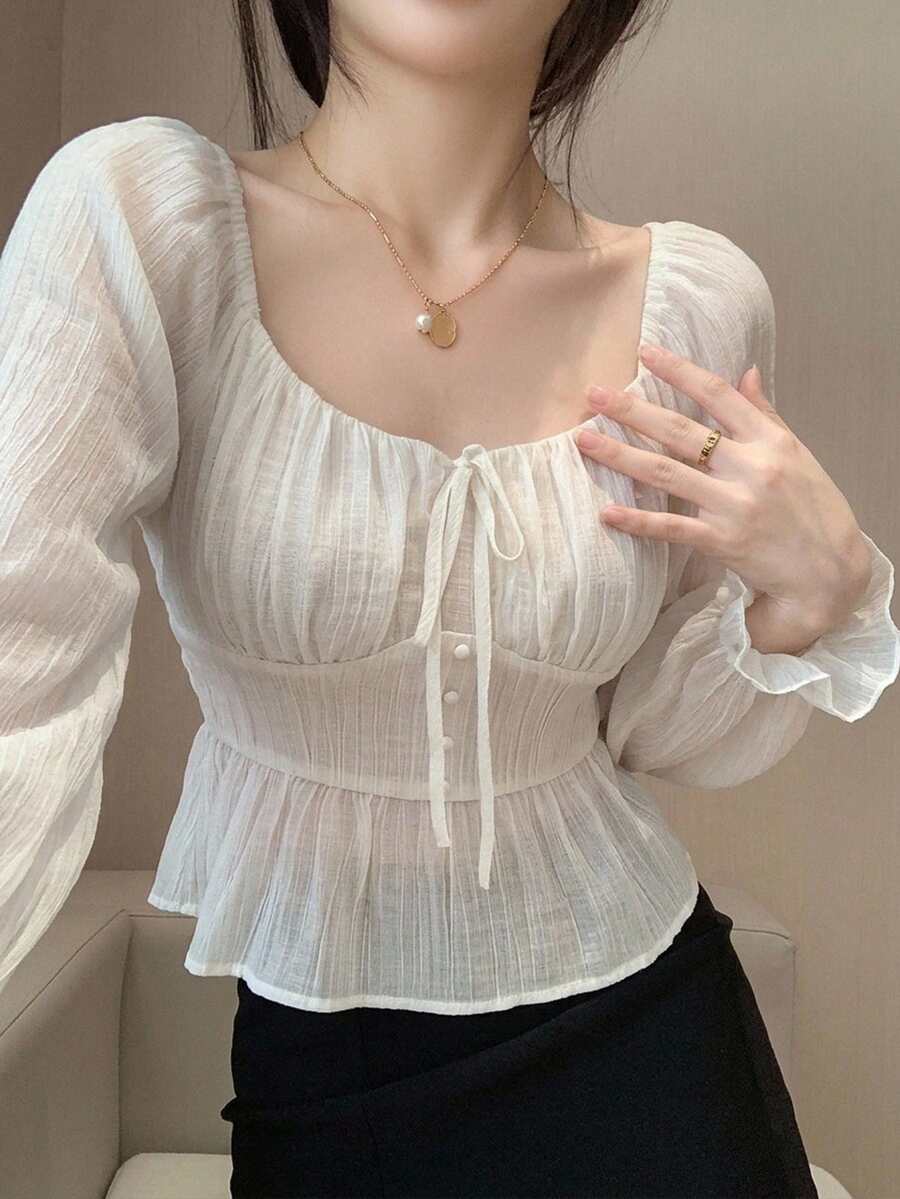 Joudiya 夏季秋季修身鏤空綁帶短版上衣 白色荷葉邊蕾絲長袖可愛女款襯衫 適合婚禮宴會派對度假 - 米色 - 查看 1