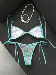 Swim Vcay Swim Bonvoyette 2件組 春夏度假花卉亮片紋理布料 藍色珍珠光澤細肩帶抹胸上衣與側綁帶比基尼泳褲 性感女款泳裝套裝 - 彩色 - 查看 2