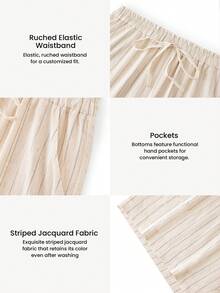LUVLETTE Plus Size Women's Apricot Striped Linen Sleep Pants, Casual Wide Leg Pants With Pockets. - White - View 5