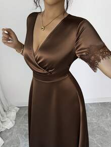 Elenzga Women's Solid Color Elegant Lace Patchwork V-Neck Dress - Coffee Brown - View 6
