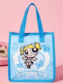 THE POWERPUFF GIRLS X SHEIN 1個印花保溫午餐袋，可保溫或保冷，野餐袋，大容量，可裝午餐盒和飲料，適用於野餐、露營、旅行、家庭使用，適合家庭、學生、友誼，花卉、氣泡、毛茛 - 天藍色 - 查看 4