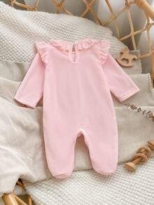 1 Stück Herbst/Winter Plüsch Baby Mädchen Neugeborene Hauskleidung Rosa einseitig Kristall Plüsch süß Rüschen Saum Flügelärmel Rücken Wassertropfen Knopf Design Langarm Fuß Jumpsuit - Pink - Übersicht 3