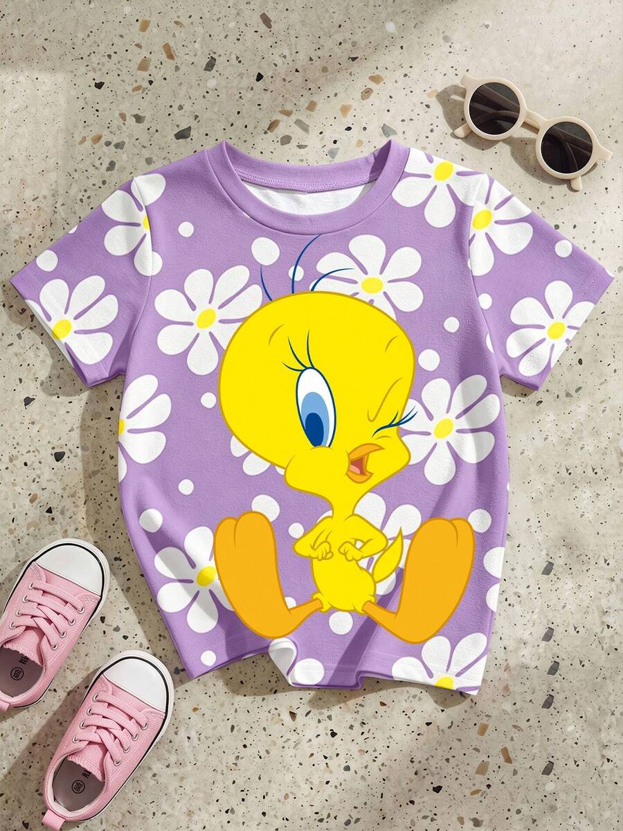 LOONEY TUNES X SHEIN GraphicGems 1件少女休閒可愛卡通崔弟鳥與花卉印花圓領短袖T恤,SS26新時尚,夏季 - 彩色 - 查看 1