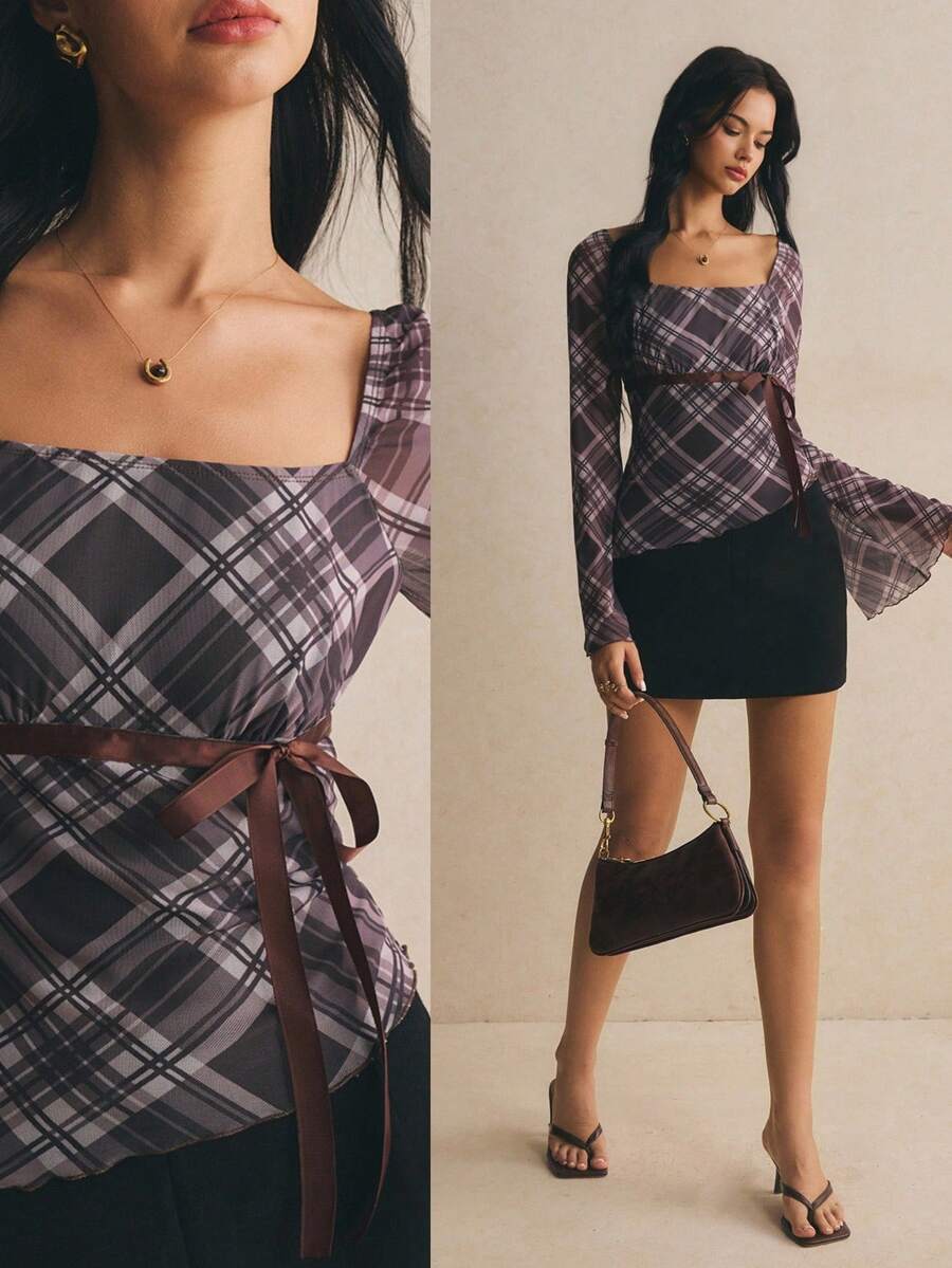 Poéselle 女款格紋方領喇叭袖前綁帶上衣