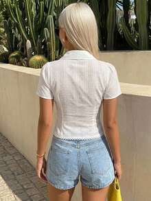 DAZY 女款紋理布料拼接蕾絲飾邊收腰短版方領休閒度假海灘夏季背心 - 白色 - 查看 2