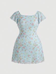 SHEIN MOD Plus Women's Allover Floral Print Ruffle Armhole Knot Front Dress - Blue - View 2