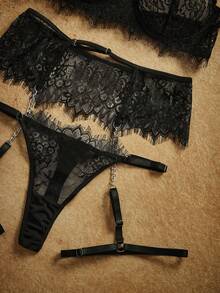 PinupPomp Fashion Retro Chain Eyelash Lace Sexy Women's Lingerie Set 3pcs - Black - View 5