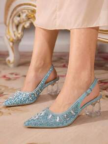 CUCCOO TILAWA Women's Crystal Heel Glass Rhinestone Pointed Toe Blue High Heel Pumps, Suitable For Outings, Banquets, Parties And Other Events - Ice Water - View 8
