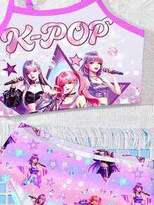 K-Pop Superstars Cartoon Young Girls Portrait Fitted Camisole & Bikini Swimwear Set,Vibrant Gradient Color Pattern,Summer,Beach,Holiday - Multicolor - View 4