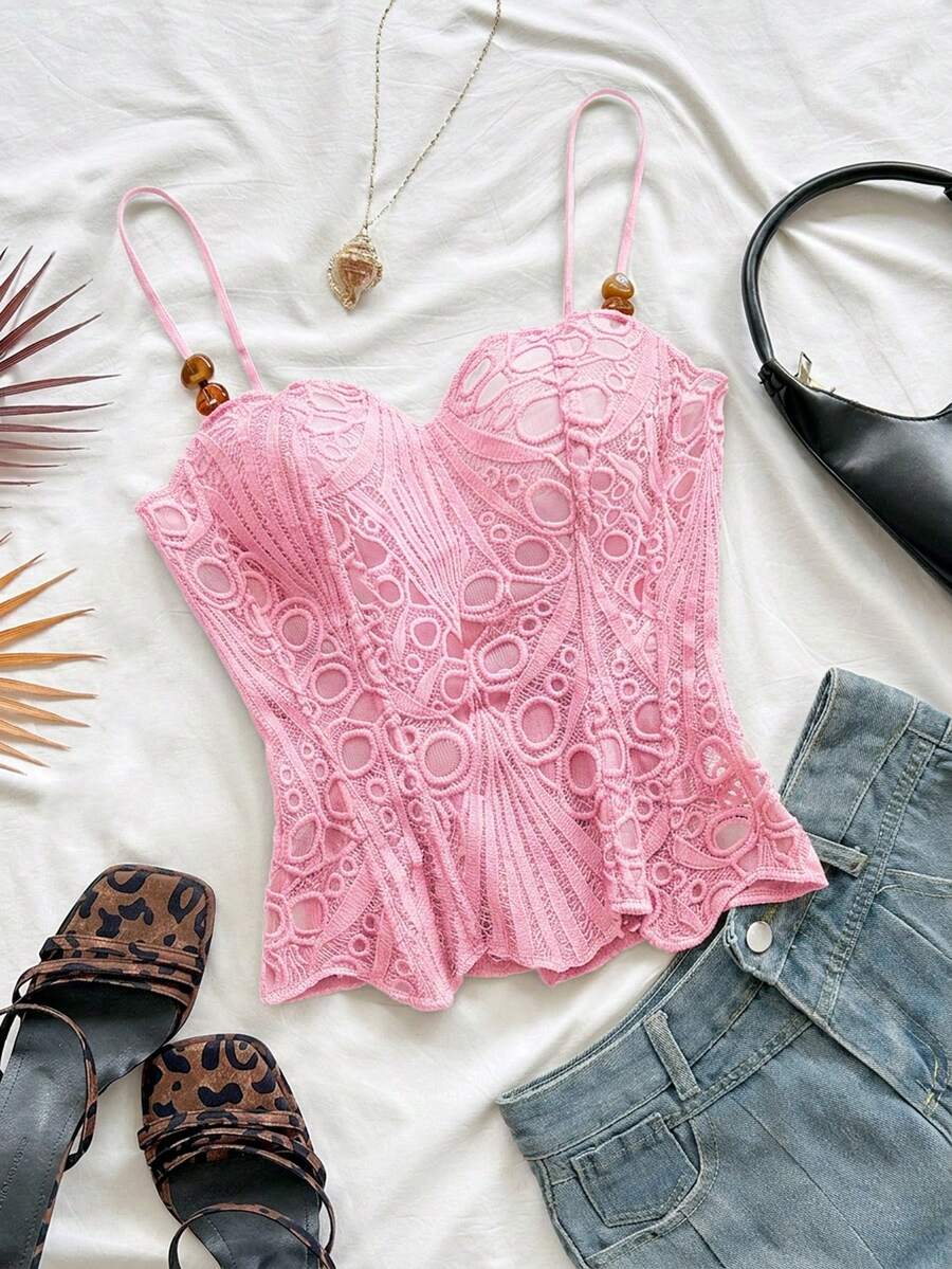 Spring/Summer New Back To School Casual Textured Beaded Decor Backless Tie-Up Date Valentine's Day Pink Women's Tank Top No Chest Padding - Pink - View 1