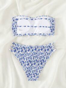 Swim Mod 2026 Spring/Summer Women's Bandeau Ruched White With Blue Floral Random Print Backless Sexy Vacation High Cut Side Bikini Swimsuit 2-Piece Set - Blue and White - View 7