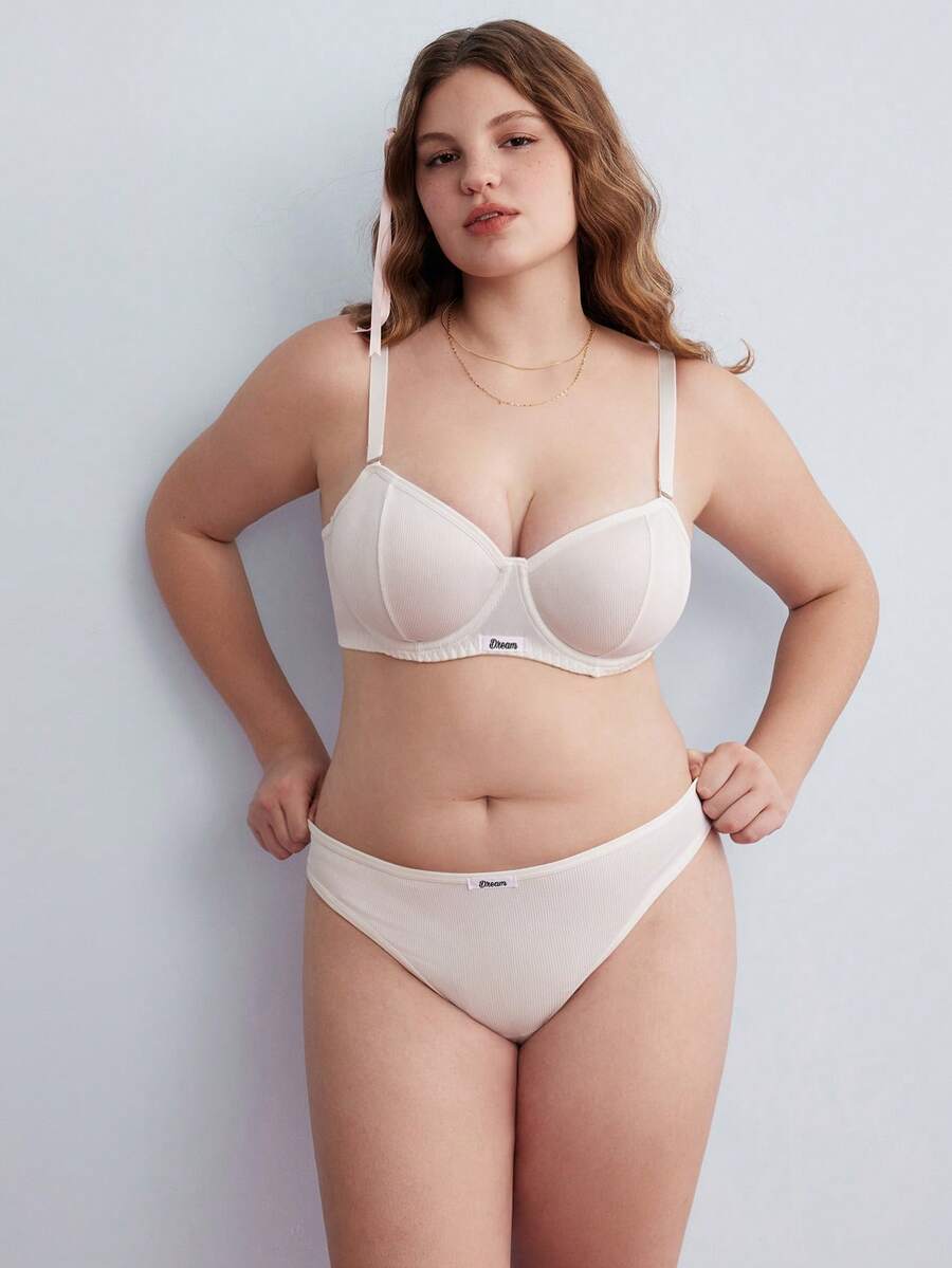 Elorette Conjunto de lencería de 2 piezas blanco con aro, cómodo, tipo balconette, de gran soporte, push-up, levantador, minimalista, para uso diario, casual y cómodo, sujetador + bragas, talla grande - Blanco - Ver 1