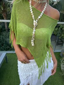 Soleia Lime Green Summer Boho Breezy European Jamican Tropical Sexy Vacation 2-In-1 Off Shoulder Fringe Knit Sweater Top Beach Music Festival - Green - View 1
