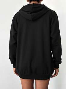 EURMUSE Plus Size 100Cotton Solid Zip Up Drawstring Sweatshirt Dates Office Black Summer Simple Normal - Black - View 2