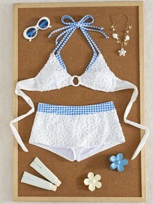 Swim Vcay Soft Cream Yellow 3D Floral Halter Bikini Top With Blue Plaid Waist Slimming Shorts Swimsuit - White - View 2