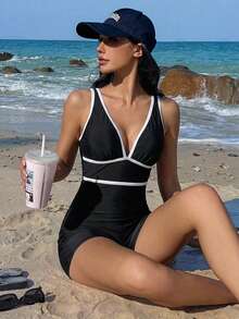 DAZY Women's Vacation Beach Color Block Trim One-Piece Swimsuit Summer Black And White Casual Athleisure - Brown - View 3