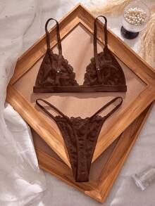 SHEIN 3SETS Sexy Lace Patchwork Front Closure Women's Lingerie Set - Coffee Brown - View 3