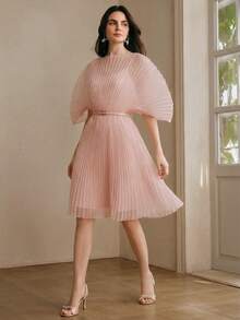 Anewsta Elegant Dress, Summer Vacation Dress, Short Pleated Dusty Pink Dress Party - Pink - View 7