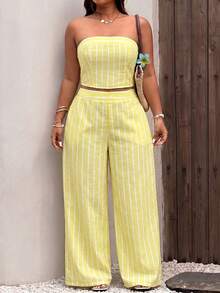 Sunnyshic Plus Size Women's Vacation Striped Bandeau Top And Wide Leg Pants 2pcs Set - Yellow - View 3