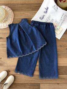 SHEIN LMoss Kids 少女女孩 2 件套鏤空刺繡花卉圖案藍色牛仔寬鬆背心上衣與長褲 - 深色水洗藍 - 查看 5