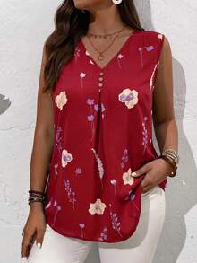 EMERY ROSE Plus Size Summer Countryside V-Neck Floral Printed Summer Sleeveless Blouse, Casual - Burgundy - View 3