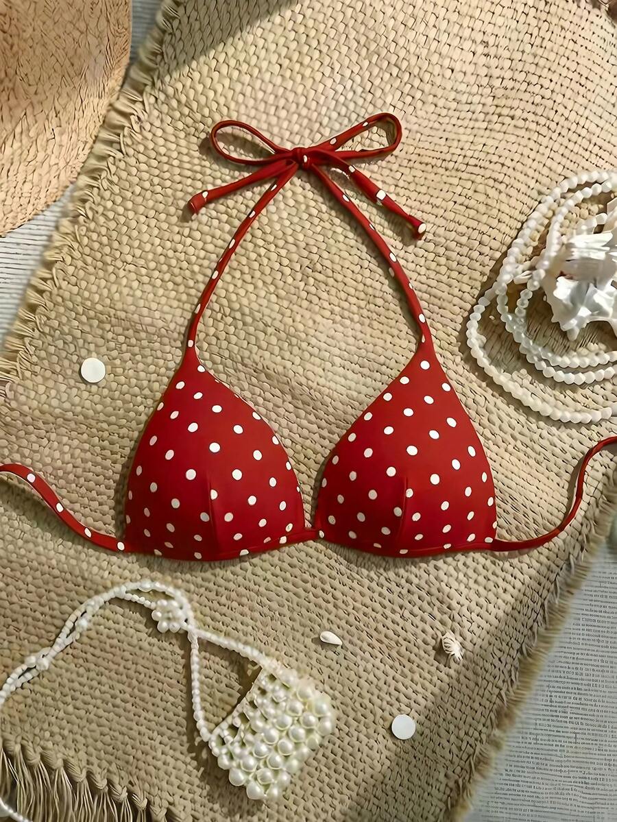 Swim Vcay Vacation Beach Polka Dot Print Swimsuit Top - Red - View 1