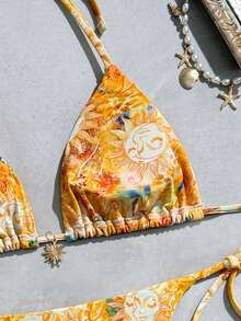 SHEIN Swim 2026夏季新款比基尼 太陽臉印花 海灘度假 海邊性感熱帶泳衣 兩件套 黃色 - 鵝黃色 - 查看 4