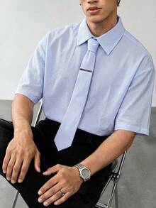 Airaco 休閒男士條紋短袖通勤襯衫 - 藍色 - 查看 4