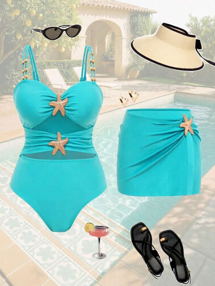 Swim Oasis 2026 New Style Solid Color Patchwork One-Piece Swimsuit With Starfish Decoration And Skirt 2 Pieces Set For Beach Vacation Teal Blue Summer Sexy - Mint Blue - View 1