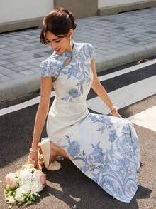 EastFlair Women's Floral Print Frog Button Ruched Side Slit Dress Tea Party White And Blue Floral Summer Elegant For Everyday Wear - Blue and White - View 4