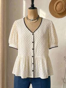 SHEIN CURVE+ Plus Size Women's Polka Dot Print Short Sleeve Single Breasted Ruffle Hem Shirt Party Brunch Tea Party Office Beige Summer 1950s Vintage Casual 1960s - Apricot - View 7