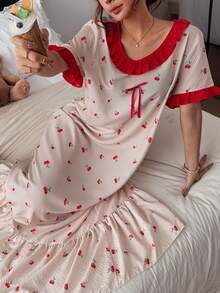 Napfluff Women's Cherry Print Color Block Ruffle Trim Short Sleeve Nightgown, Cute Style With Bow Decor - Apricot - View 5