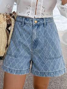 Livesso High Waist Light Blue Diamond Quilted Cotton Casual 70s 80s Loose Fit Women's Denim Shorts Vacation Summer - Blue - View 6