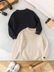 SHEIN 2件/組 開學季青少年男孩棕色卡其色百搭紋理寬鬆套頭毛衣，適合居家、疊穿、外出與上學 - 彩色 - 查看 3