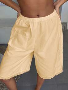 Livesso Women's Lace Patchwork Solid Color Short 5-Inch Pajama Pants - Yellow - View 7