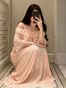 DAZY 蕾絲拼接露肩寬鬆女款睡裙家居服睡衣 - 杏色 - 查看 4