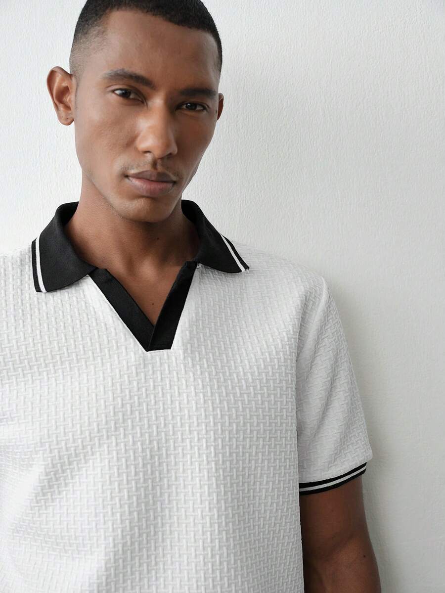 MENRIVO 男士撞色纹理 Polo 衫,适合外出、聚会和办公穿着 - 白色 - 查看 1