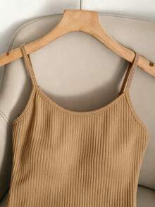 SHEIN Franclia Summer Casual Solid Color Spaghetti Strap Bodysuit - Camel - View 3