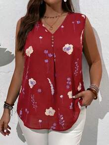EMERY ROSE Plus Size Summer Countryside V-Neck Floral Printed Summer Sleeveless Blouse, Casual - Burgundy - View 6