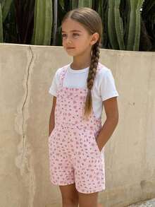 Hapijoa Sleeveless Ditsy Floral Overalls Casual Young Girls Denim Overalls And Jumpsuits - Pink - View 2