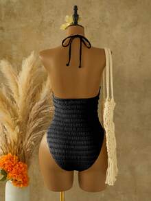 SHEIN Swim 夏季新款女款連身泳衣，黃色紋理布料搭配藍色星星裝飾，掛脖設計，適合海灘、沙灘、游泳、泳池、度假，甜美風格，度假風，連身泳衣 - 黑色 - 查看 3