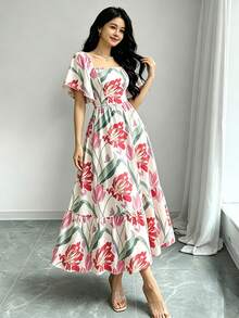 Modelyn 花卉蝴蝶印花时尚方领短袖连衣裙，收腰中长款，浅杏色花卉图案连衣裙，夏季必备 - 彩色 - 查看 4
